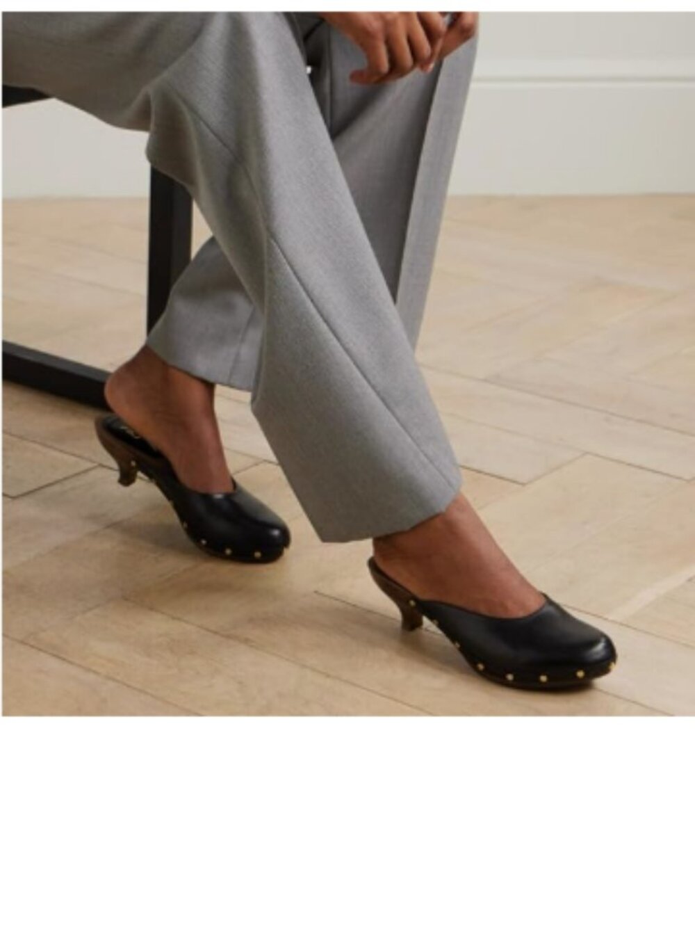 FSJ Black Retro Round Toe Mules Wooden Kitten Heel Trendy Studded Slide Shoes